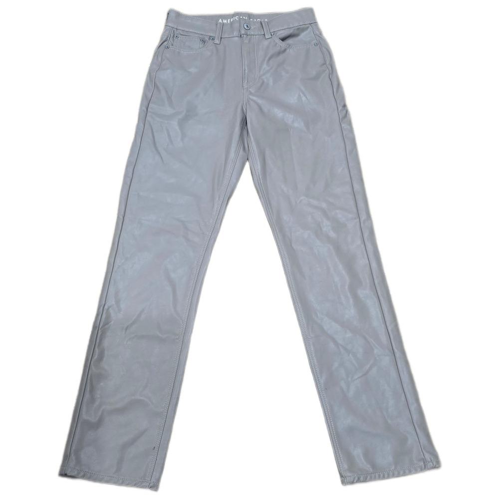 American Eagle Super High-Rise Straight Vegan Faux Leather Pants Taupe Gray Sz 0